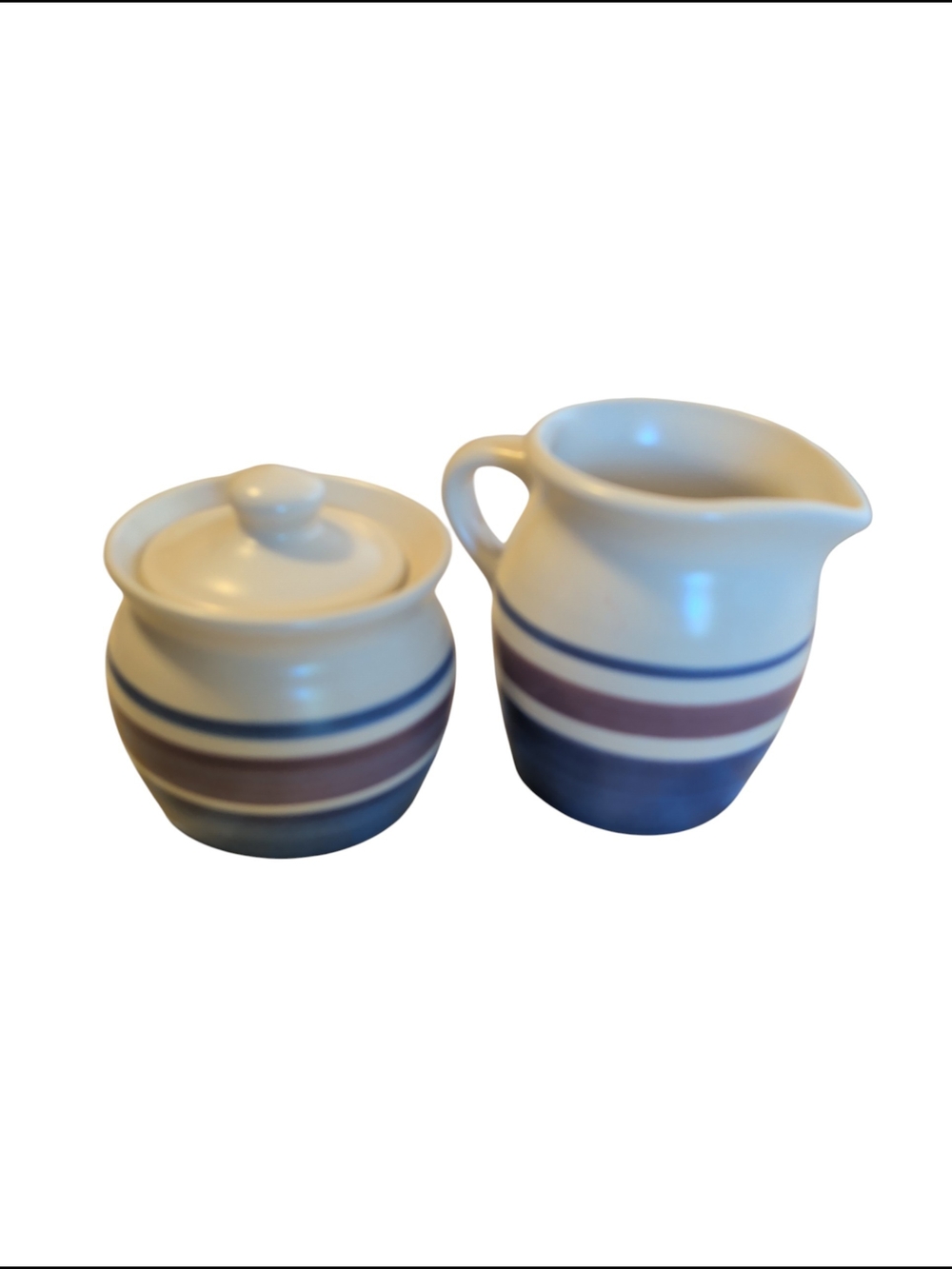 Ceramic Creamer and Sugar Set with Blue and Mauve Stripes